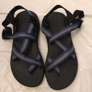 Blue, purple/pink Chacos